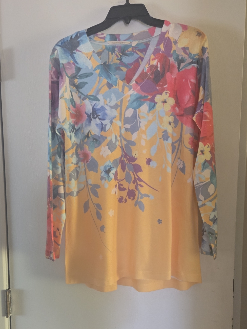Soft Surroundings Yellow Floral V-Neck Long Sleeve Sweater